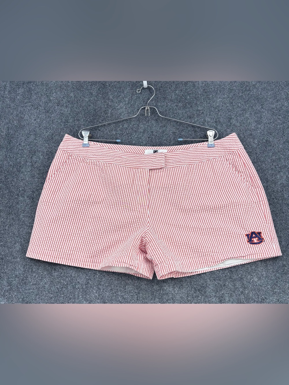 St Berg Coral White Striped Seersucker Auburn University Shorts Size 16 Preppy